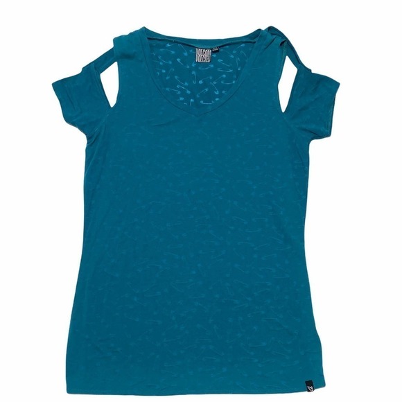 VOLCOM Teal Blue Cold Shoulder Graphic Blouse - Picture 5 of 11